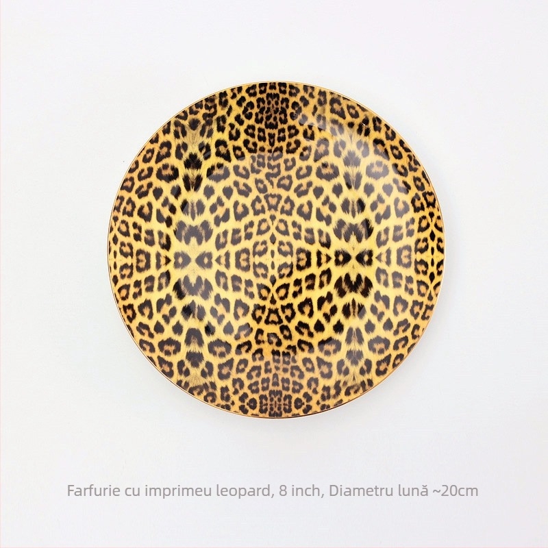 Set cafea din porțelan de oase cu imprimeu leopard: cană cu farfurie, ceainic, linguriță, zaharniță, cană de lapte, farfurie, suport de masă, cuțit, furculiță, cenușar