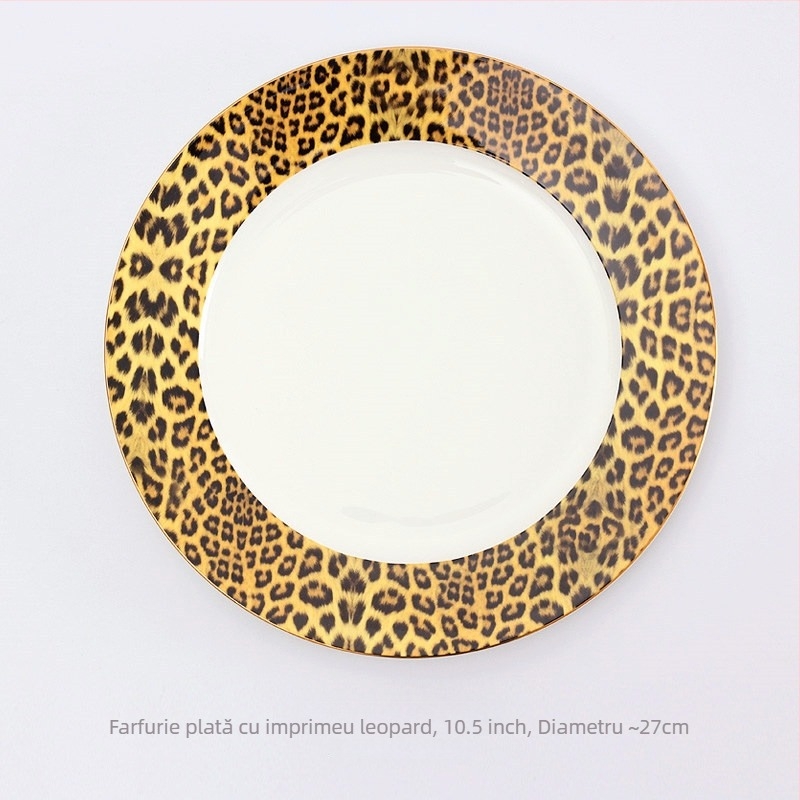 Set cafea din porțelan de oase cu imprimeu leopard: cană cu farfurie, ceainic, linguriță, zaharniță, cană de lapte, farfurie, suport de masă, cuțit, furculiță, cenușar