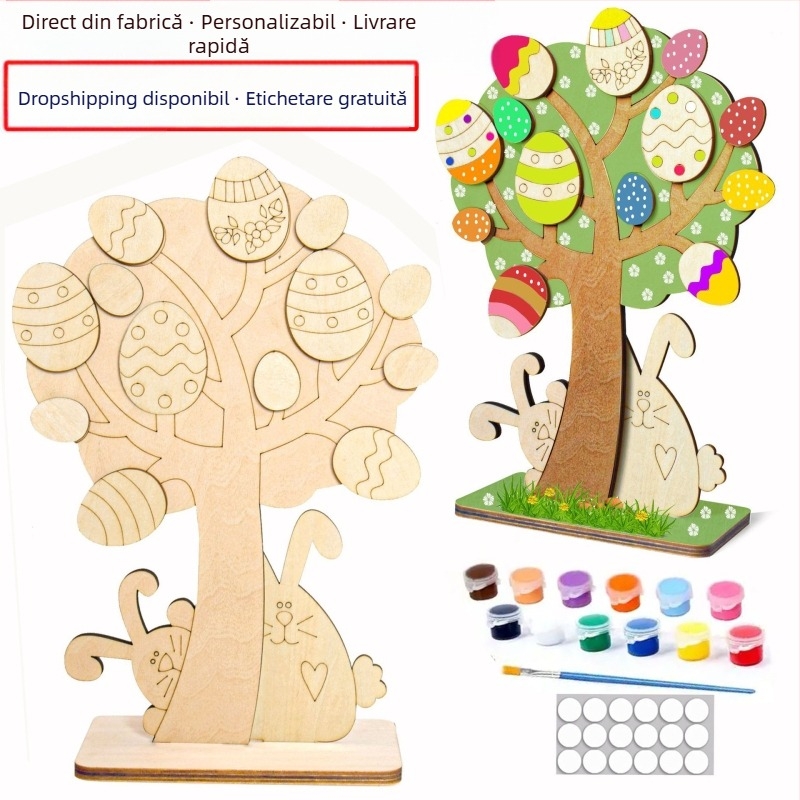 Ornamente din lemn de Paște pentru copii, ouă pictate cu iepurași
