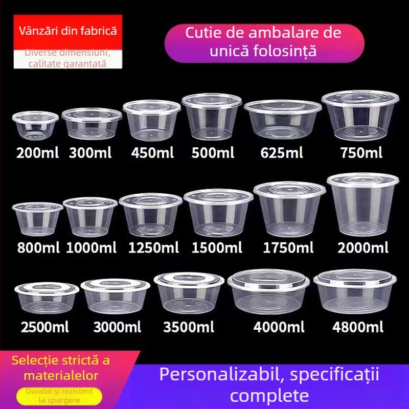 Set circular de veselă de unică folosință, de înaltă calitate alimentară, cu capac: boluri, bețișoare și cutie de prânz transparentă