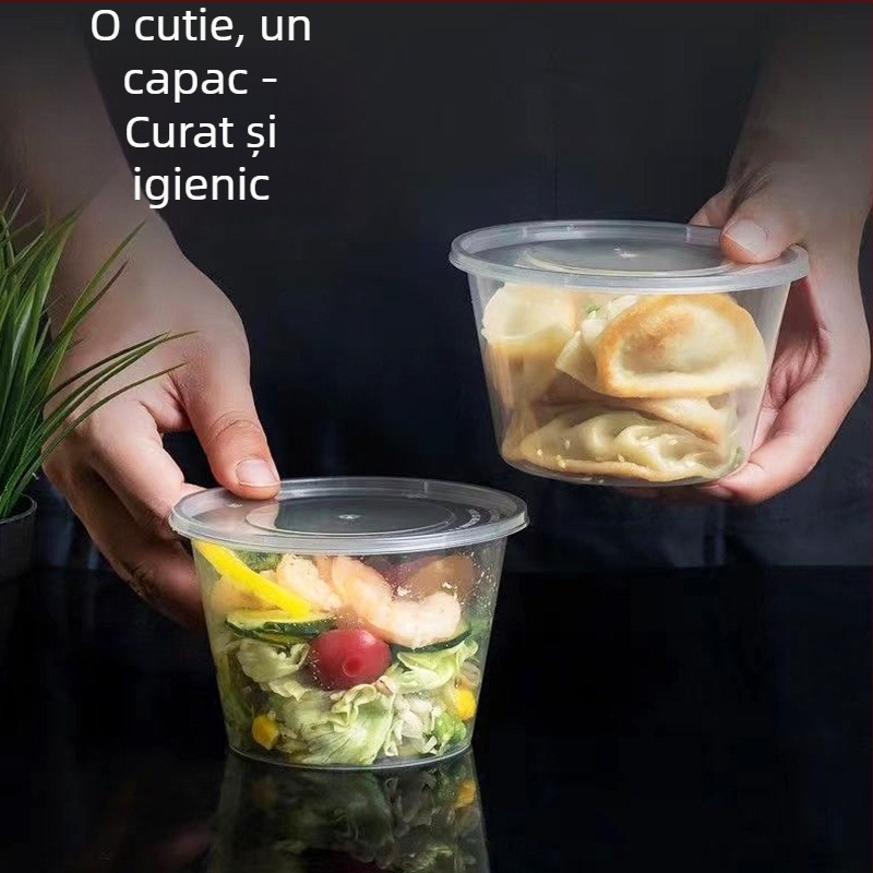 Set circular de veselă de unică folosință, de înaltă calitate alimentară, cu capac: boluri, bețișoare și cutie de prânz transparentă