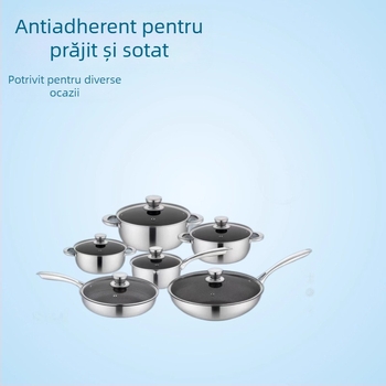 Set de vase din oțel inoxidabil, 12 piese, cu fund plat: tigăi pentru prăjit, oală pentru supă, oală pentru lapte, cu suprafață antiaderentă