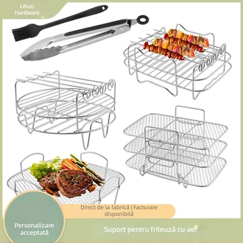 Suport pentru frigărui pentru air fryer, din oțel inoxidabil 304, dublu nivel, rotund, raft multifuncțional pentru grătar, gătit și răcire