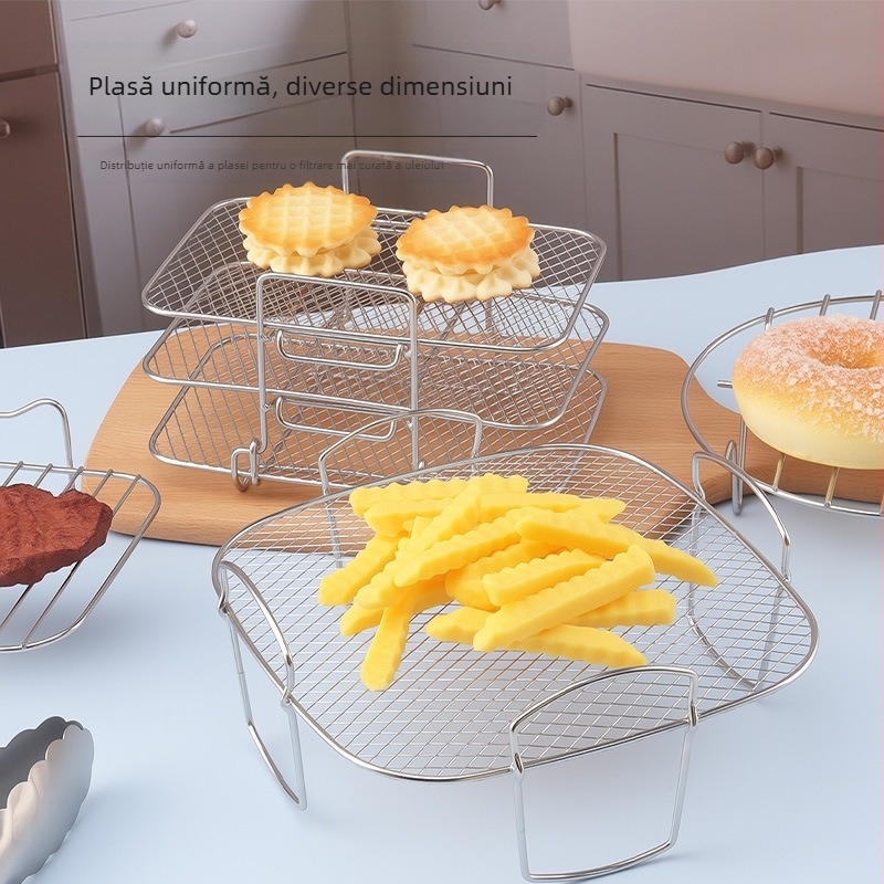 Suport pentru frigărui pentru air fryer, din oțel inoxidabil 304, dublu nivel, rotund, raft multifuncțional pentru grătar, gătit și răcire