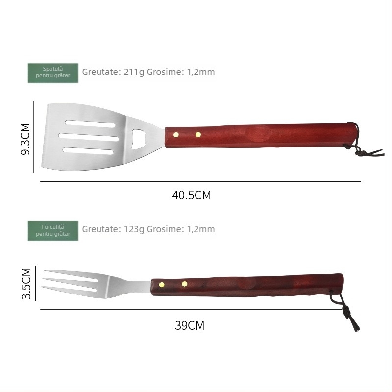 Set de unelte pentru grătar pentru camping, cu șorț de bucătar și mâner din lemn – 6 piese