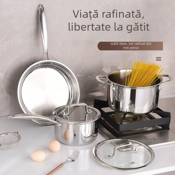 Set din oțel inoxidabil 304 cu trei straturi – set de vase cu capace din sticlă: oală pentru lapte 16 cm, oală de supă 20 cm și tigaie 26 cm, finisaj strălucitor, bază multi-strat, pentru bucătărie de acasă