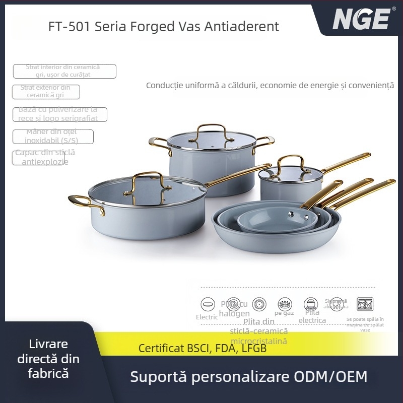 Set de vase ceramice gri FT-501 din seria Forjată, antiaderent, bucătărie, 9 piese, compatibil cu toate plitele