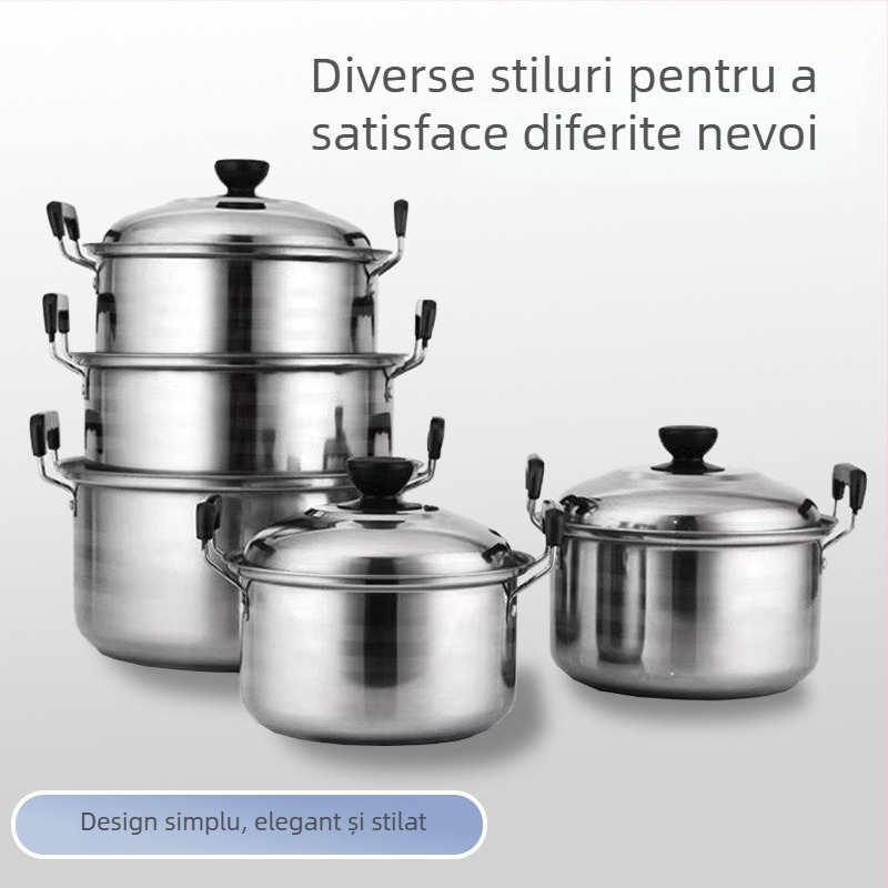 Oțel inoxidabil, stil american, oale de supă înalte, set de 5 piese cu capace, culoare argintiu, multifuncțional