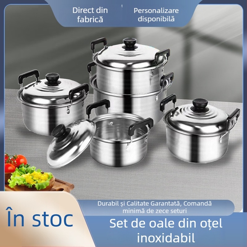 Oțel inoxidabil, stil american, oale de supă înalte, set de 5 piese cu capace, culoare argintiu, multifuncțional