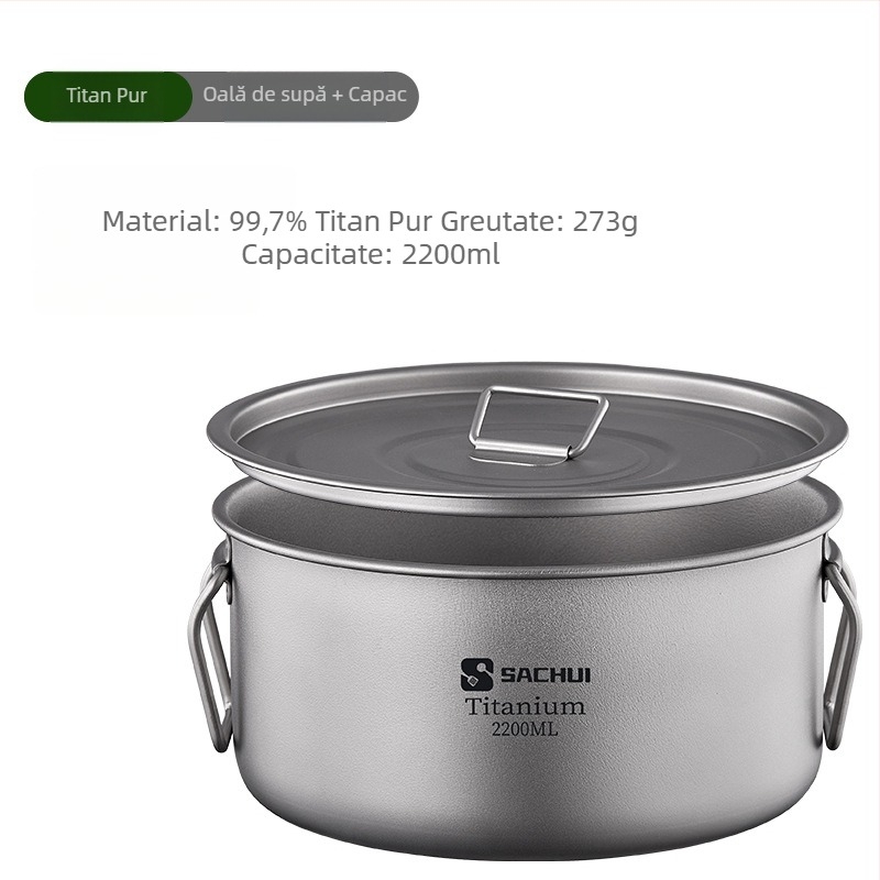 Set de vase din titan pur pentru camping — tigaie, oală de aburi și oală de supă, pliabil