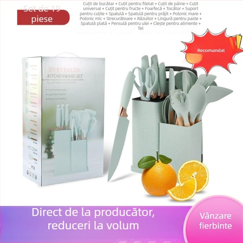 Set 19 piese ustensile de bucătărie din silicon, cu recipient de depozitare – rezistent la temperaturi înalte și suprafețe antiaderente