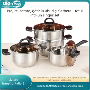 Set de vase din oțel inoxidabil, două piese: oală pentru lapte de 16 cm și oală pentru supă de 20 cm, capac din sticlă, interior antiaderent, bază din oțel compozit