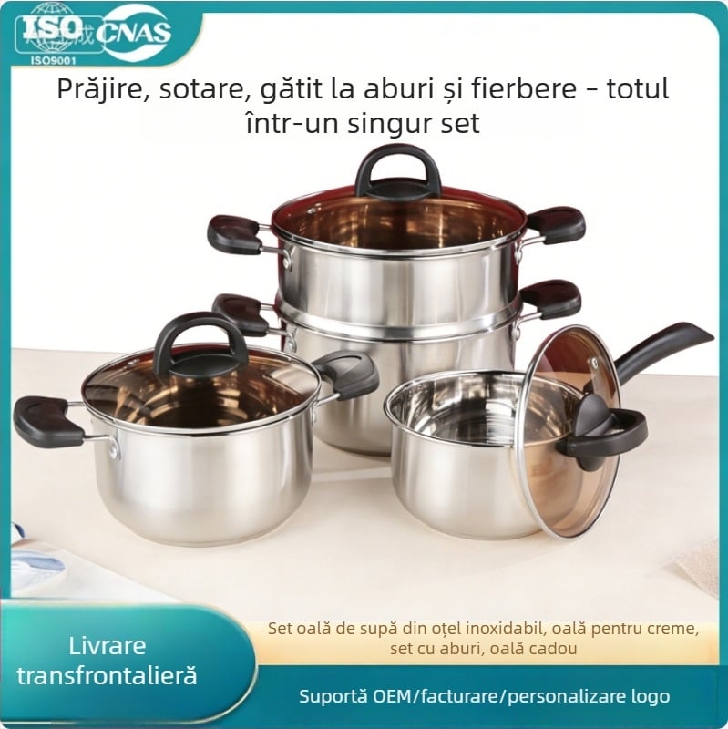 Set de vase din oțel inoxidabil, două piese: oală pentru lapte de 16 cm și oală pentru supă de 20 cm, capac din sticlă, interior antiaderent, bază din oțel compozit