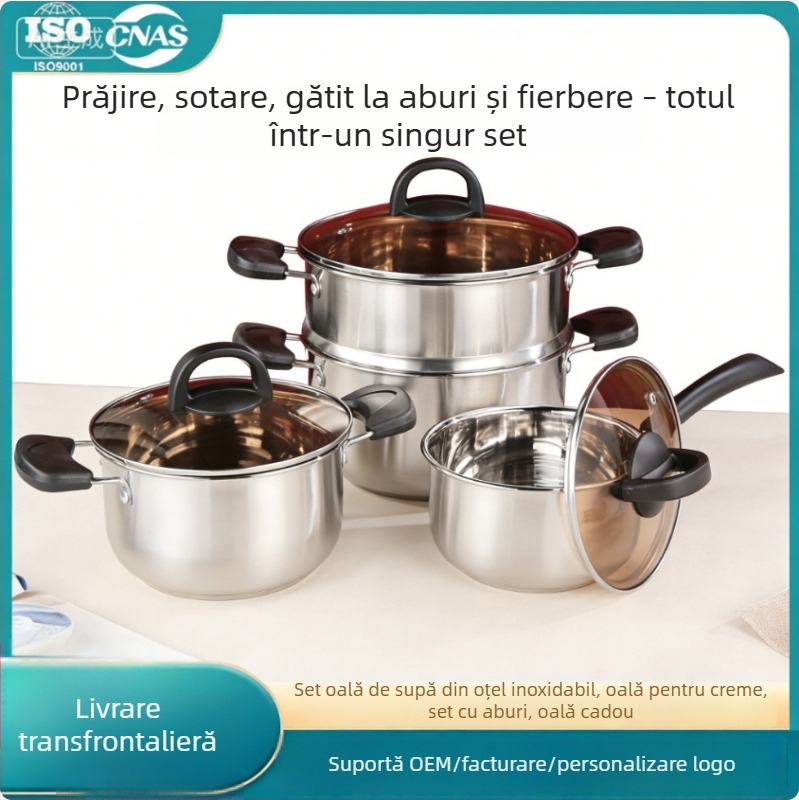 Set de vase din oțel inoxidabil, două piese: oală pentru lapte de 16 cm și oală pentru supă de 20 cm, capac din sticlă, interior antiaderent, bază din oțel compozit