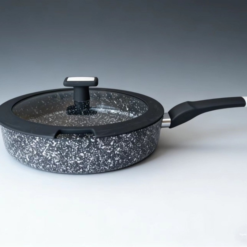 Renli set ceramic pentru bucătărie: tigaie adâncă pentru prăjit, ceramică cu model fulg de zăpadă, antiaderent, bază din aliaj de aluminiu, stil occidental