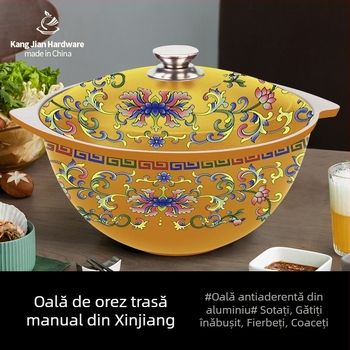 Oală mare de supă din aluminiu antiaderent, cu două mânere, capac integrat, bază dublă, capacitate 5 L