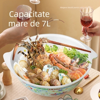 Oală mare de supă din aluminiu antiaderent, cu două mânere, capac integrat, bază dublă, capacitate 5 L