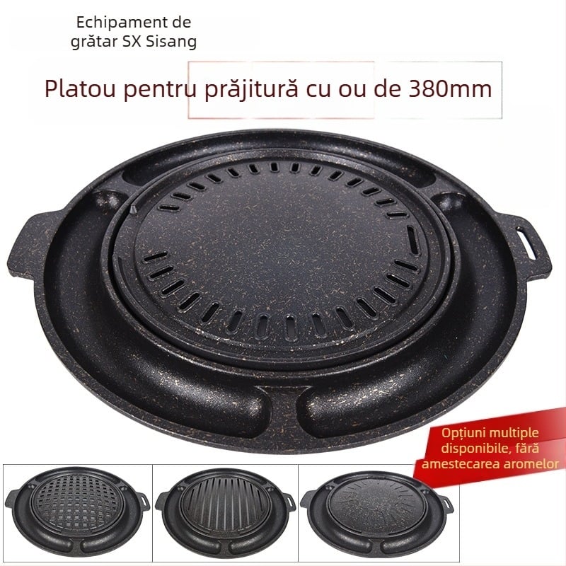 Tigaie rotundă pentru grătar în stil coreean, cu aliaj de aluminiu și strat de piatră, antiaderentă, fără fum, ușor de curățat