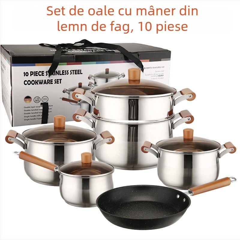 Set de vase din oțel inoxidabil gros cu mânere din lemn de stejar, șase piese, capacitate mare, include oală pentru lapte și oală pentru supă
