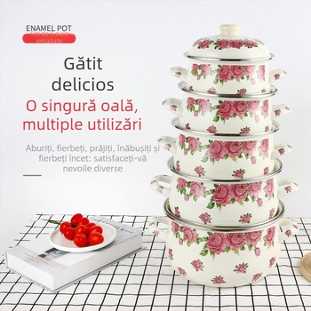 Set de cinci oale emailate, 18-26 cm, cu capace din sticlă, incluzând oală cu două mânere