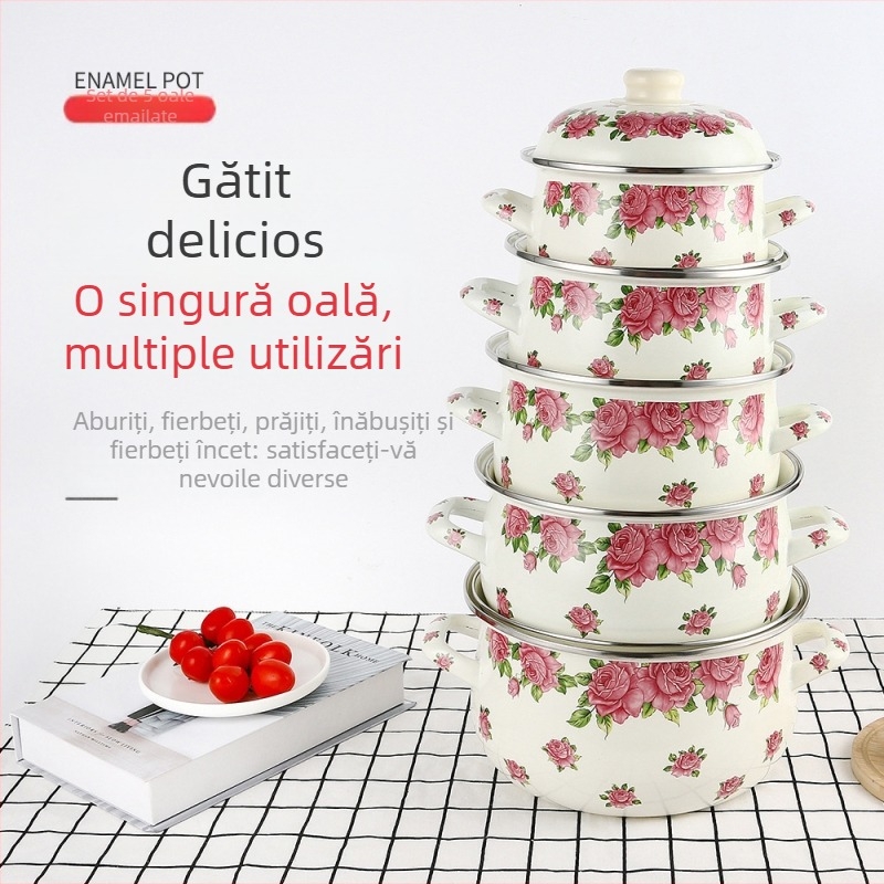 Set de cinci oale emailate, 18-26 cm, cu capace din sticlă, incluzând oală cu două mânere