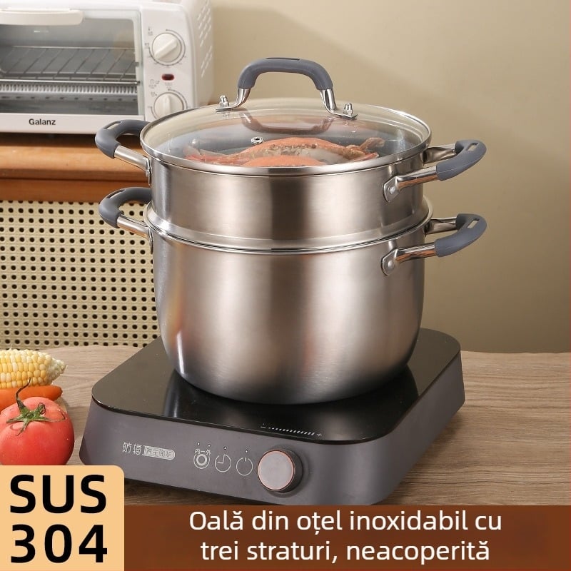 Oală de supă din oțel inoxidabil 304, cu bază triplu-strat, capac de sticlă și grilă de aburi, multifuncțională, cu două mâneri