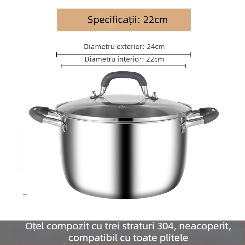 Oală de supă din oțel inoxidabil 304, cu bază triplu-strat, capac de sticlă și grilă de aburi, multifuncțională, cu două mâneri