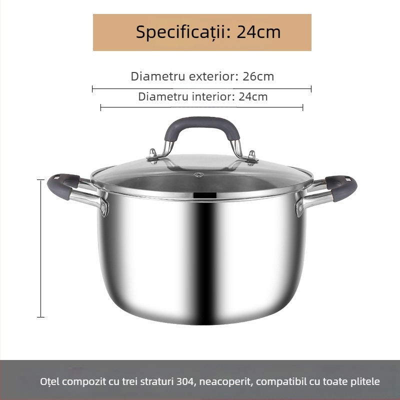 Oală de supă din oțel inoxidabil 304, cu bază triplu-strat, capac de sticlă și grilă de aburi, multifuncțională, cu două mâneri