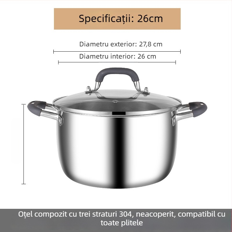 Oală de supă din oțel inoxidabil 304, cu bază triplu-strat, capac de sticlă și grilă de aburi, multifuncțională, cu două mâneri