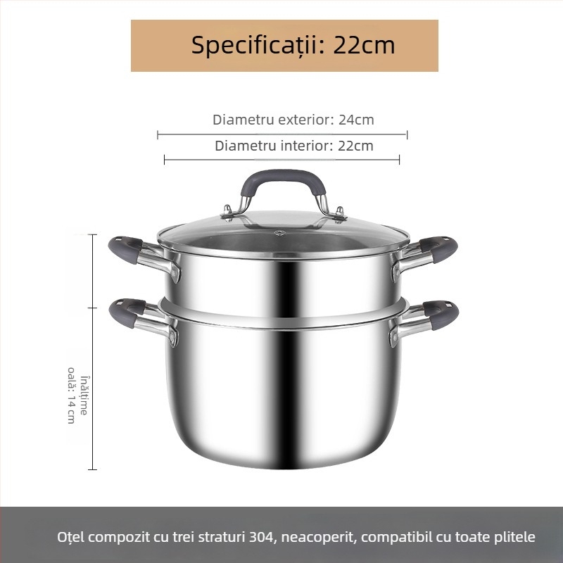 Oală de supă din oțel inoxidabil 304, cu bază triplu-strat, capac de sticlă și grilă de aburi, multifuncțională, cu două mâneri