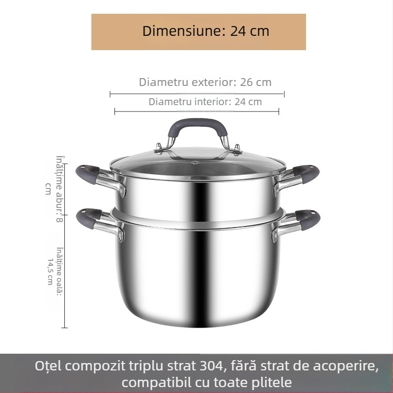 Oală de supă din oțel inoxidabil 304, cu bază triplu-strat, capac de sticlă și grilă de aburi, multifuncțională, cu două mâneri