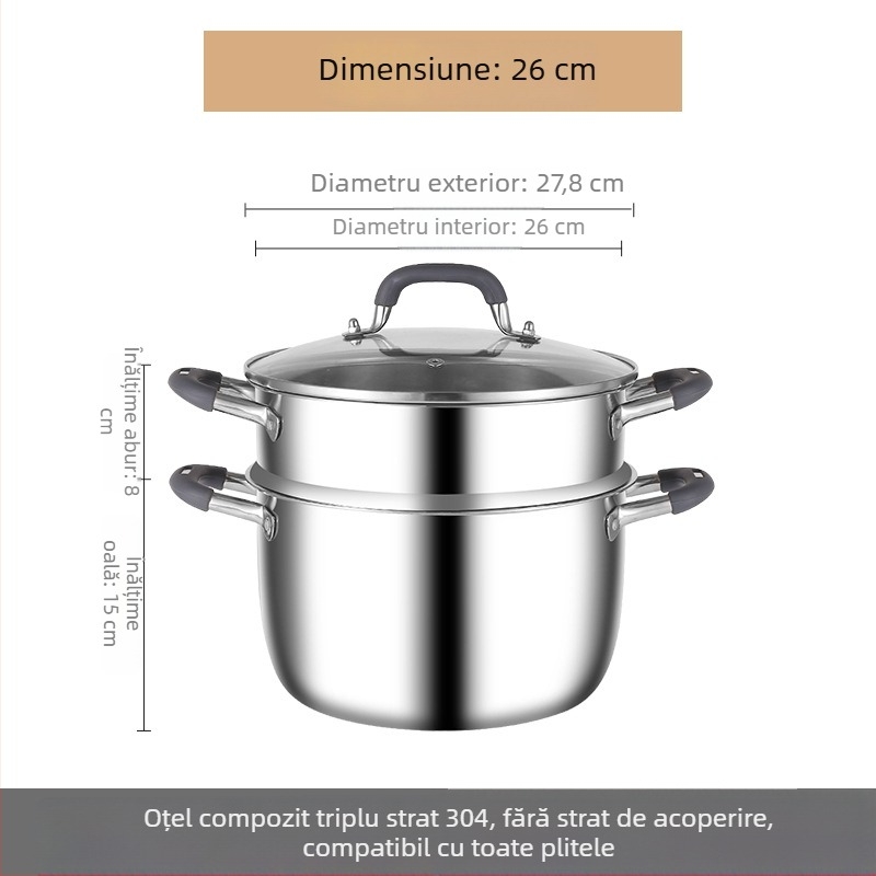Oală de supă din oțel inoxidabil 304, cu bază triplu-strat, capac de sticlă și grilă de aburi, multifuncțională, cu două mâneri