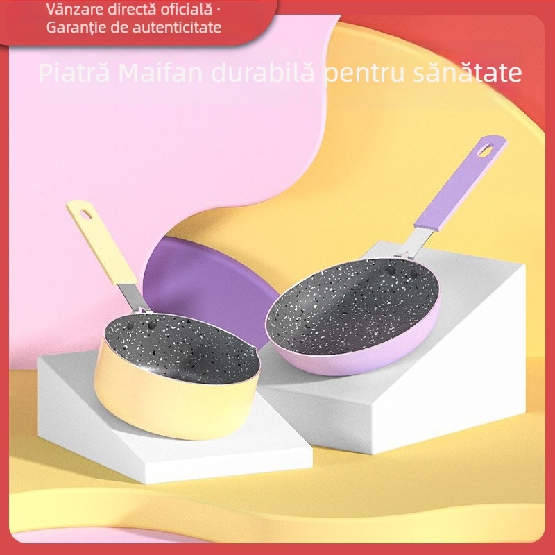 Set Maifan stone: tigaie mini antiaderentă și oală de supă, aluminiu mov, capac din sticlă