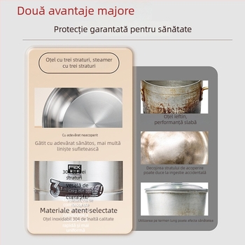 Vas de abur din oțel inoxidabil 304, 3 straturi, capacitate mare, compatibil cu toate plitele, fără transfer de miros
