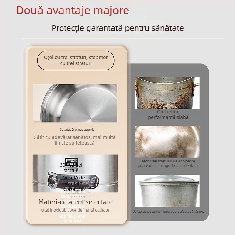 Vas de abur din oțel inoxidabil 304, 3 straturi, capacitate mare, compatibil cu toate plitele, fără transfer de miros
