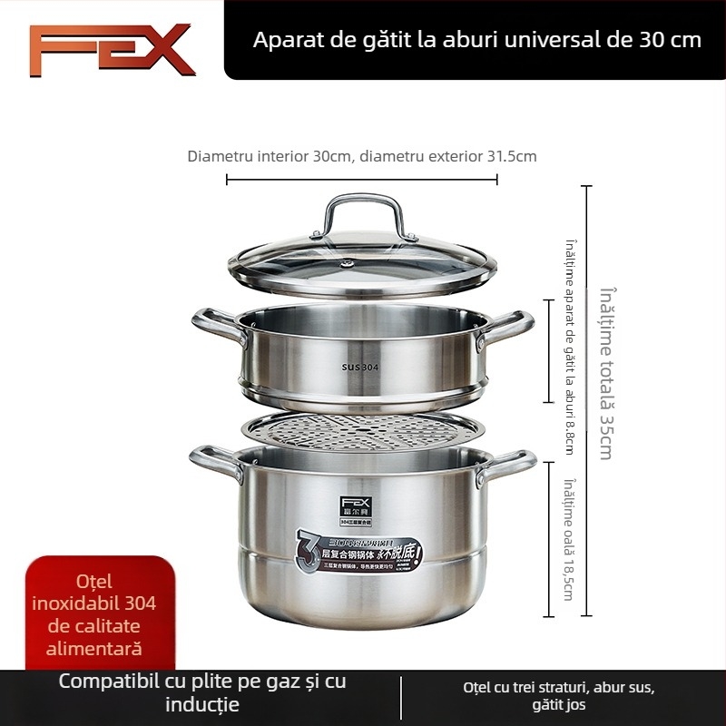 Vas de abur din oțel inoxidabil 304, 3 straturi, capacitate mare, compatibil cu toate plitele, fără transfer de miros