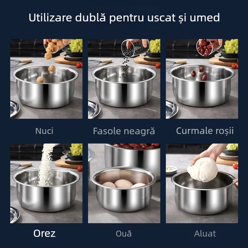 Set de vase din oțel inoxidabil, cinci piese cu capace; include oală thailandeză și oală indiană