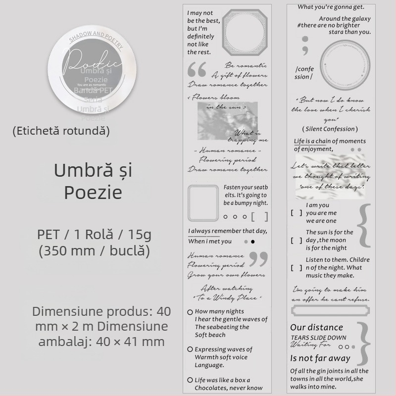 Bandă PET Ketchup Girl, seria Umbra și Poezia, 6 modele transparente cu temă în engleză pentru autocolante DIY