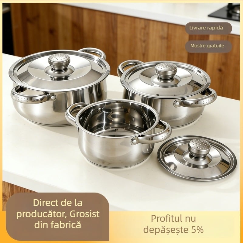 Set de vase din oțel inoxidabil cu oală de supă și ustensile, 3 piese, fund dublu, pentru uz casnic