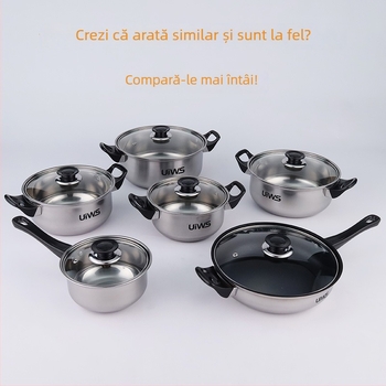 Set de vase din oțel inoxidabil cu mânere negre, 12 piese, compatibil cu plitele cu inducție, include tigaie, oală de lapte și oale de gătit