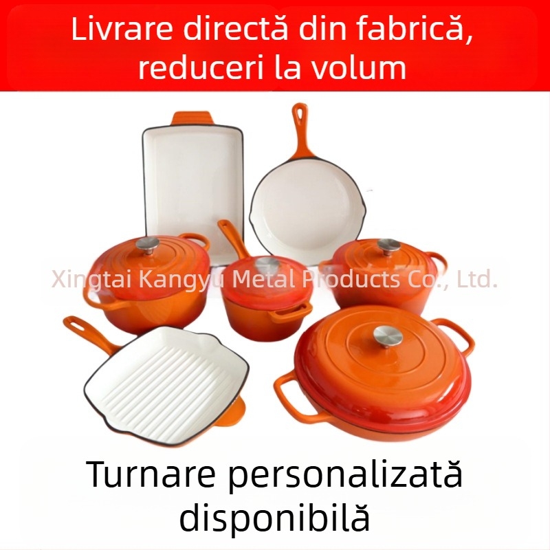 Set nou de vase emailate din fontă pentru aburire și fierbere, include tigaie, 11 piese, fund plat
