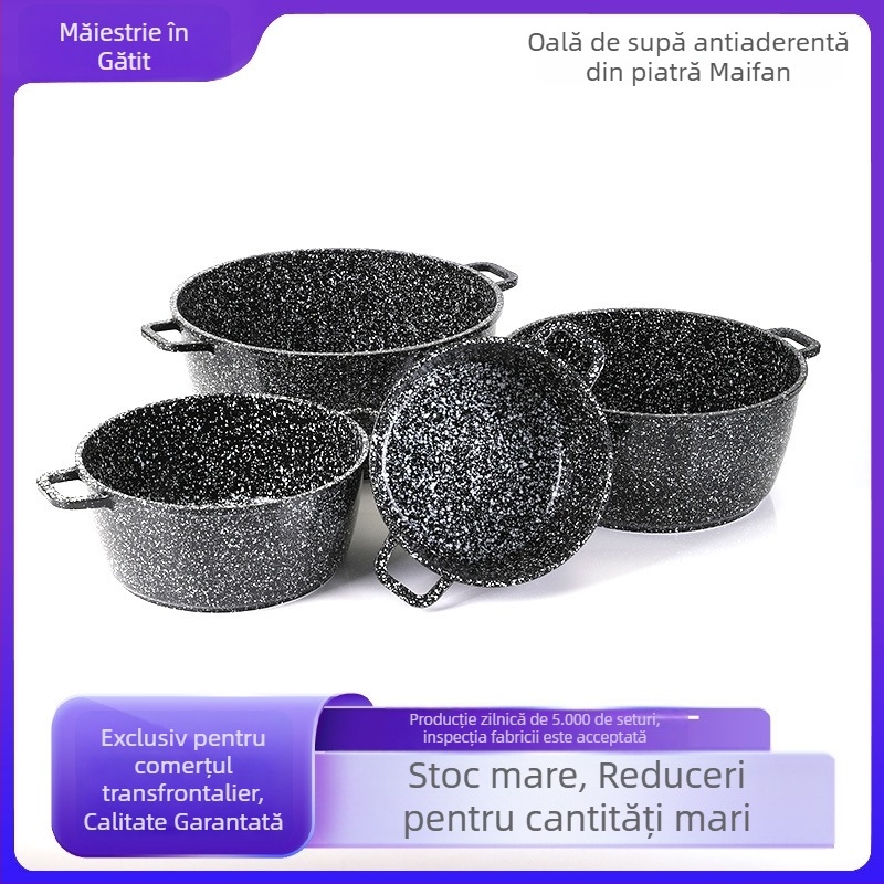 Set oale pentru supă cu Piatră Maifan, oală cu două mâneri, capacitate mare, fund dublu din aliaj de aluminiu, potrivite pentru gătit la cărbuni