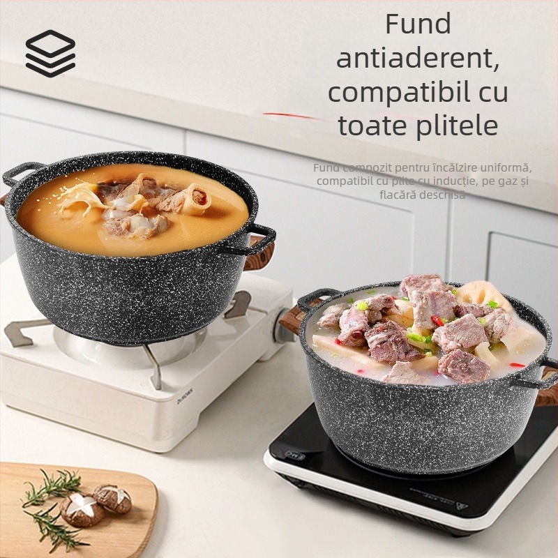 Set oale pentru supă cu Piatră Maifan, oală cu două mâneri, capacitate mare, fund dublu din aliaj de aluminiu, potrivite pentru gătit la cărbuni