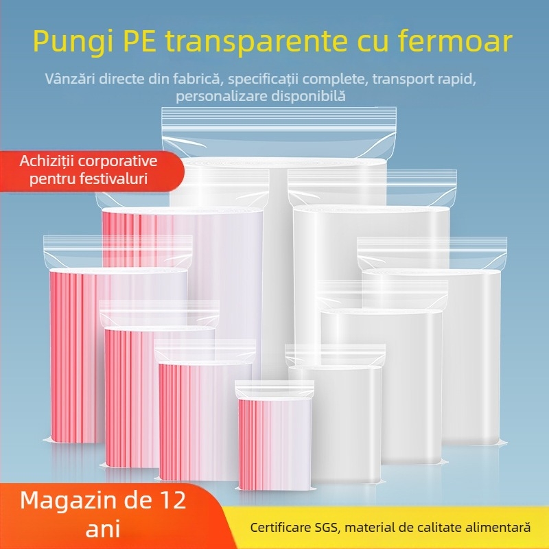 Pungi transparente PE cu fermoar pentru alimente, sigilate pentru menținerea prospețimii, dimensiuni mici și mari, groase