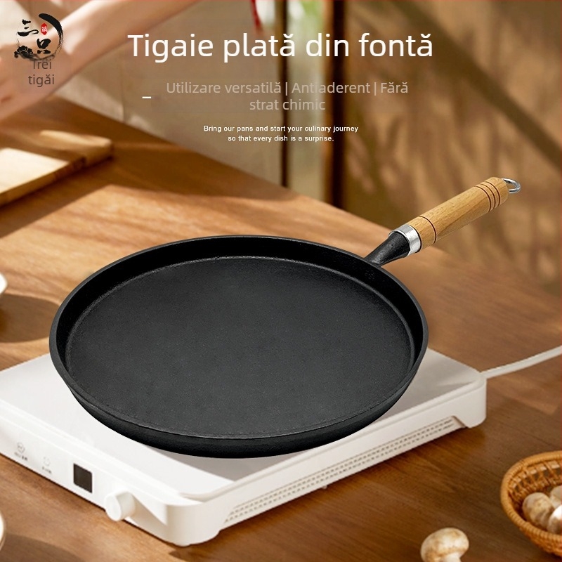 Tigaie din fontă cu mâner din lemn, fără acoperire, tigaie îngroșată pentru clătite și lipii, diametru 26 cm