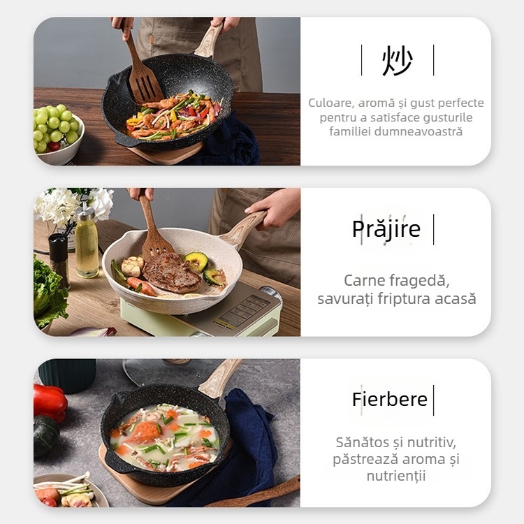 Cindy Coco Tigaie cu piatră Maifan – antiaderentă, compatibilă cu inducția; tigăi pentru prăjit 24 cm și 28 cm, tigă cu capac de 24 cm și 28 cm, wok de 32 cm cu capac