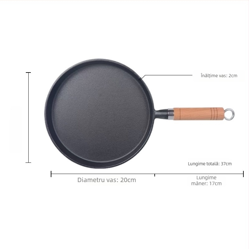 Tigaie din fontă personalizată pentru clătite, neacoperită, antiaderentă, compatibilă cu inducția, diametre 20/23/26 cm, mâner din lemn