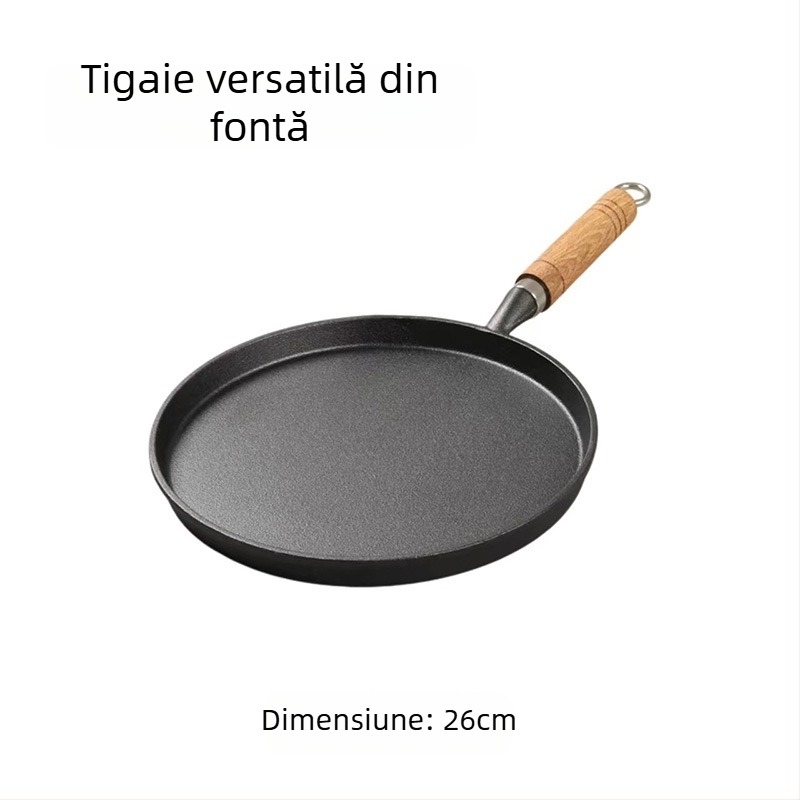 Tigaie din fontă personalizată pentru clătite, neacoperită, antiaderentă, compatibilă cu inducția, diametre 20/23/26 cm, mâner din lemn