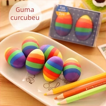 Două gume de șters în formă de ou de Paște, ambalaj mare, design drăguț de desene animate, în culori curcubeu, gume rotunde pentru creion