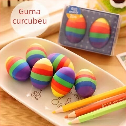 Două gume de șters în formă de ou de Paște, ambalaj mare, design drăguț de desene animate, în culori curcubeu, gume rotunde pentru creion